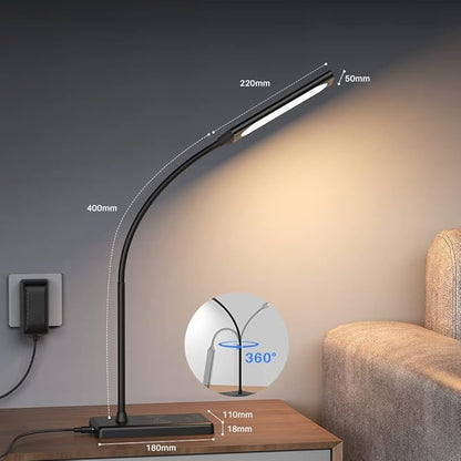 LED Desk Lamp, Touch Adjustable Table Lamp with 10W Wireless Charging 5 Modes and 6 Brightness Levels Eye Protection Reading Light 48 LED Memory Function Home Office Desk Light Black