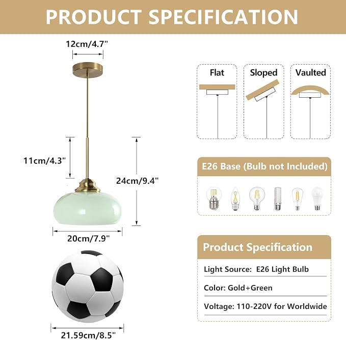 KCO Lighting Nordic Green Glass Pendant Light Dining Room Hanging Light Fixture Gold Brass Mid Century Modern Kitchen Island Lights