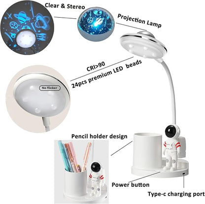Desk Lamp for Teens Astronaut Desk Lamp with Projection Light and Pen Holder, Kids LED Desk Lamp for Bedroom Reading, Stepless Dimming Desk Lamp Eye-Caring for Studying