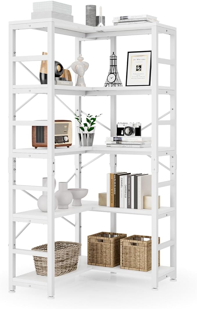 NUMENN 5 Tier Corner Bookshelf, Modern Corner Bookcase, Large Open Shelf Bookcase, Tall Bookshelves Storage Display Rack for Bedroom, Living Room and Home Office, White