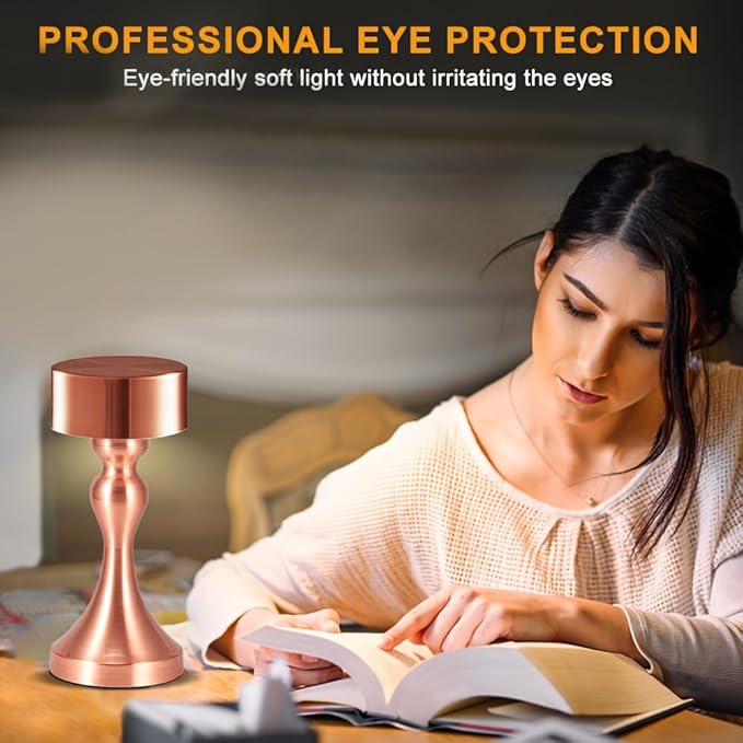 Portable Metal Desk Lamp, Cordless Metal LED Table Lamp,3 Color Touch Control Rechargeable Lamp,3-Levels Brightness Room Decor Desk Lamp,Bedside Lamp,Dining Room Lamp (Rose Gold)
