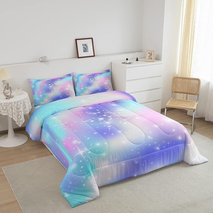 Erosebridal Ombre Comforter Rainbow Comforter Set Twin Tie Dye Galaxy Duvet Set Nebula Bedding Starry Sky Quilt Set Pastel Stars Glitter Bedding Set Purple Blue Bedroom Decorative Down Alternative
