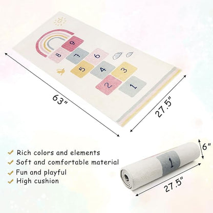 Topotdor Rainbow Sky Hopscotch Game Rugs,Kids Play Area Rugs Soft Floor Carpet for Bedroom Playroom Nursery,Great Gift for Girls & Boys,27.5" x 63"
