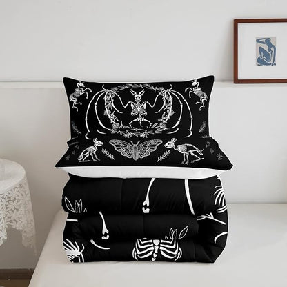 Skull Comforter Set Bat Skeleton Comforter Boho Moth Gothic Skull Bedding Set for Kids Boys Girls Adults Halloween Themed Duvet Set Ultra Soft Horror Room Decor Full Size Quilt Set
