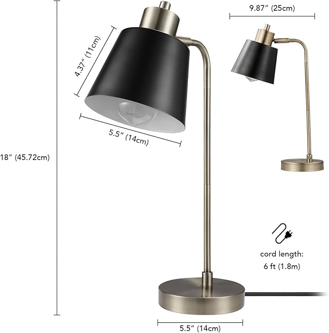 Globe Electric 61000055 18" Desk Lamp, Matte Brass Finish, Matte Black Metal Shade, Pivot Joint, On/Off Rotary Switch on Shade, E26 Base Bulb, Lamp for Living Room, Home Office