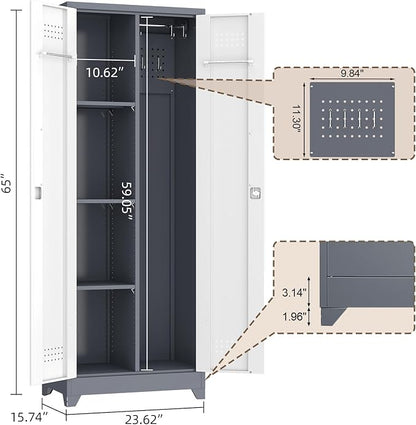 GREATMEET 65" Garage Storage Cabinet, Broom Closet Storage Cabinet, Storage Shed, Metal Cabinets with Doors and Shelves, Tool Shed for Brooms and Mops, Utility Cabinets for Storage, Grey&White