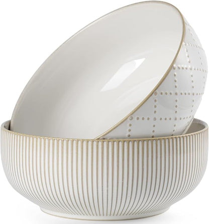 getstar Large Serving Bowls (8 inch & 60 fl oz), Ceramic Salad Bowl Set of 2, Microwave and Dishwasher Safe, Farmhouse Kitchen Decorative Bowls Set (Embossed Checks & Stripes)