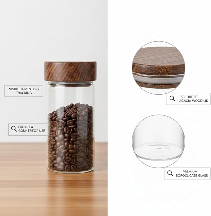 Glass Storage Jar with Acacia Wood Lid, Borosilicate Food Canister for Coffee Beans Tea Sugar Dry Pantry Staples (1 PC)