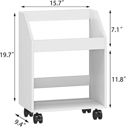 2-Tier Mobile Bookshelf, White Bookcase with Wheels, Rolling File Holder Desk File Book Organizer for Home Office Living Room School