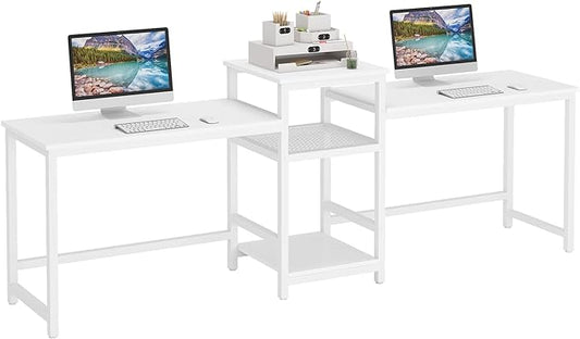 Tribesigns 96.9" Double Computer Desk with Printer Shelf, Extra Long Two Person Desk Workstation with Storage Shelves, Large Office Desk Study Writing Table for Home Office, White