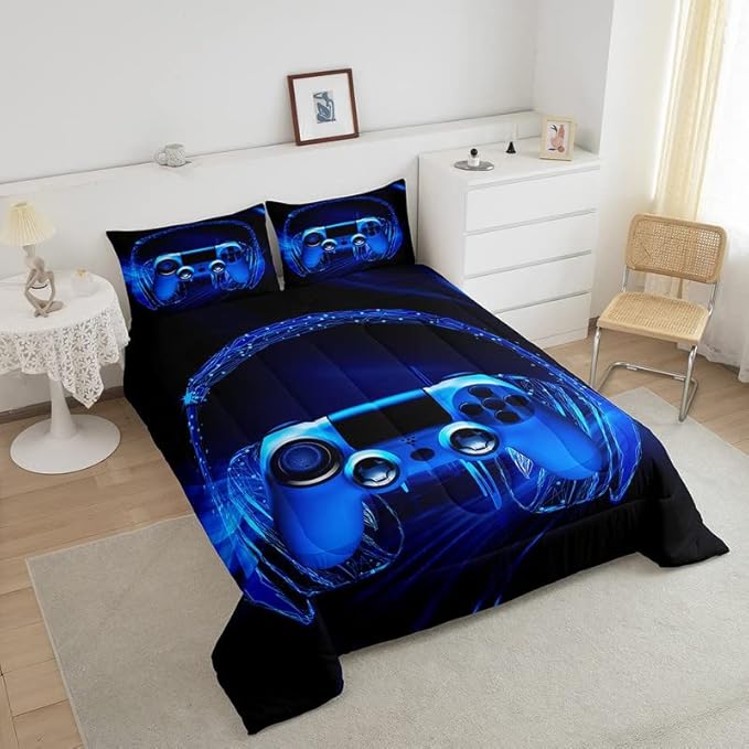 Feelyou Gamer Bedding Set Kids Video Game Gamepad Comforter Set for Boys Teens Gaming Headset Comforter Blue Game Controller Duvet Set Room Decor Quilt King Size Boys