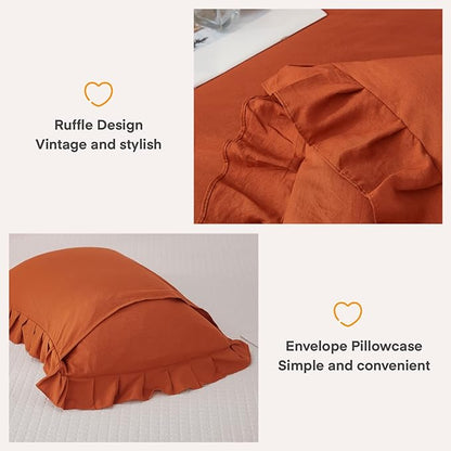 Andency Terracotta Ruffle Comforter King(104x90Inch), 3 Pieces(1 Ruffled Comforter and 2 Pillowcases) Solid Farmhouse Shabby Chic Comforter, Vintage Rustic Soft Microfiber Bedding Set