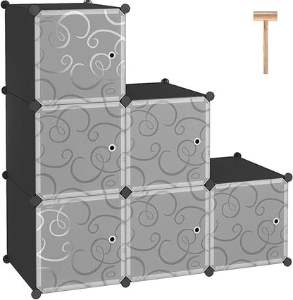 C&AHOME Cube Storage Organizer with Doors, 6-Cube Shelves, Closet Cabinet, DIY Plastic Modular Bookshelf Ideal for Bedroom, Living Room, 36.6”L x 12.4”W x 36.6”H Black SHS3006B-DOOR