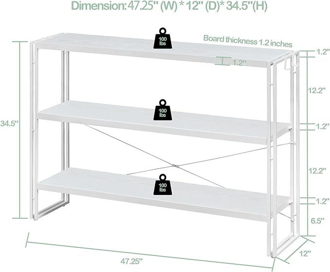 HCHQHS Bookshelf, 3-Tier Industrial Bookcase, White Open Book Shelf, Freestanding Horizontal Bookshelves with Metal Frame
