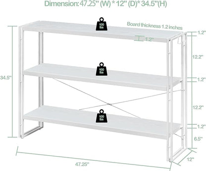 HCHQHS Bookshelf, 3-Tier Industrial Bookcase, White Open Book Shelf, Freestanding Horizontal Bookshelves with Metal Frame