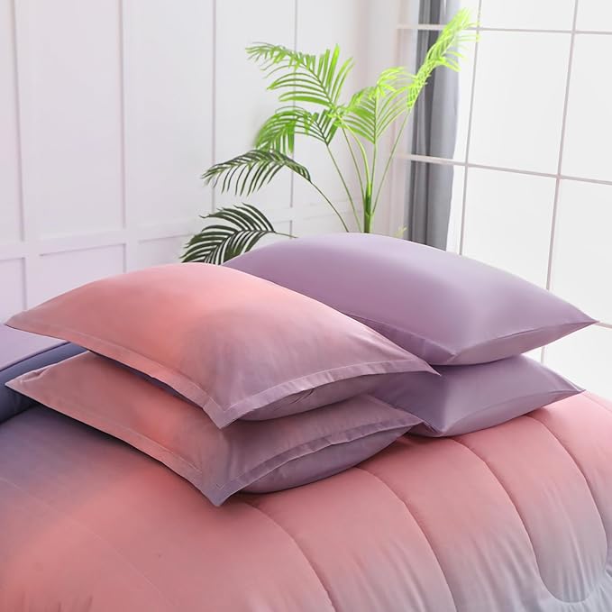 6 Pieces Comforter Set Twin Size for Girls - Gradient Pink and Purple All Season Teens Comforter Bedding Set, Ultra-Soft Fluffy Down Alternative Microfiber Bed in a Bag for Kids