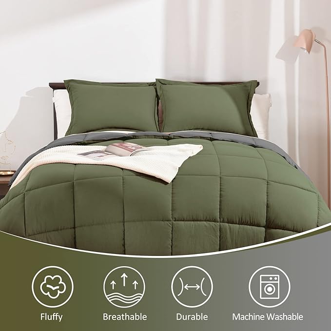 Basic Beyond King Size Comforter Set - Fluffy King Bed Comforter Set for All Seasons - Reversible Olive Green King Size Comforter Set - 3 Pieces (1 Comforter + 2 Pillow Shams) - Olive Green/Drak Gray