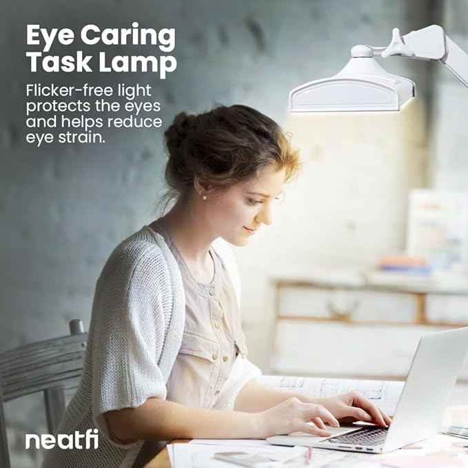 Neatfi Ultra 3,500 Lumen LED Desk Lamp, Color Correlated Temperature, 3 Light Modes, Dimmable, 45W, 26 Inch Wide Metal Shade, 540 SMD LEDs (CCT with Clamp, White)