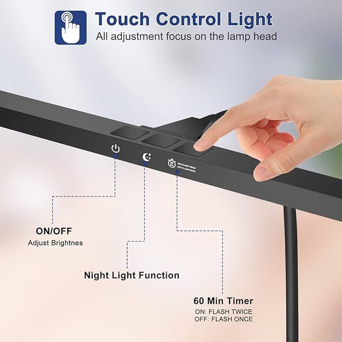 NEWACALOX Desk Lamps for Home Office, LED Desk Lamp with Touch Control and Night Light Function, Architect Task Lamp with 16-inch Long Lamp Head, 3 Modes 10 Brightness Gooseneck Desk Light
