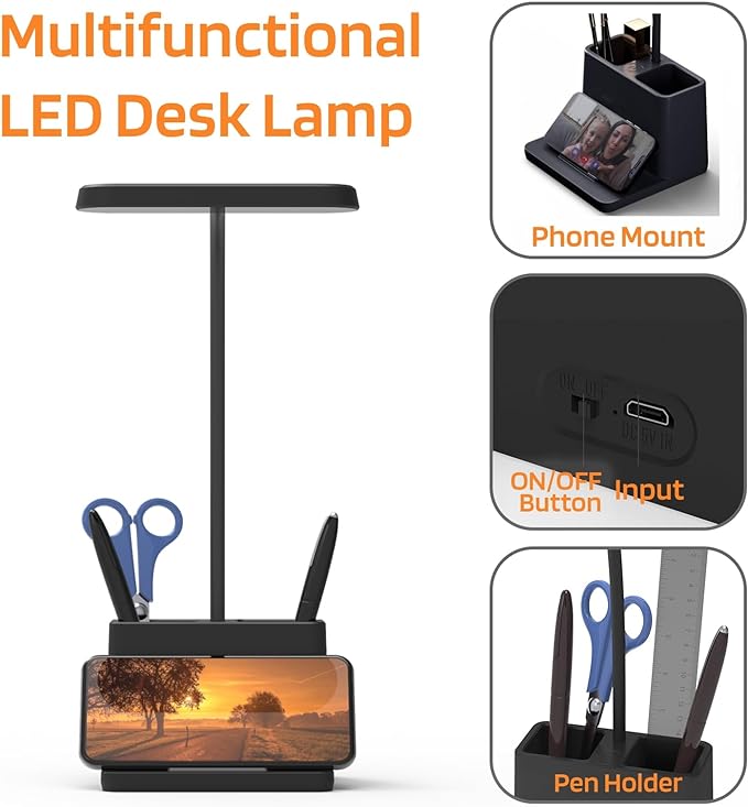 AXX LED Desk Lamp for Home Office, Battery Operated Desk Light for Computer/Desktop - Black, Small, Cute, 3 Way, Rechargeable, Flexible Gooseneck, Pen Holder - Study Table Lamp for Bedroom Reading