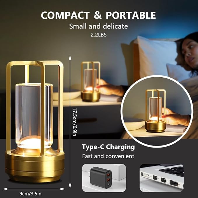 Portable Metal Desk Lamp,Cordless LED Table Lamp,Touch Control Rechargeable Lamp,3-Levels Brightness Room Decor Desk Lamp,Bedside Lamp,Night Light (Light Gold)