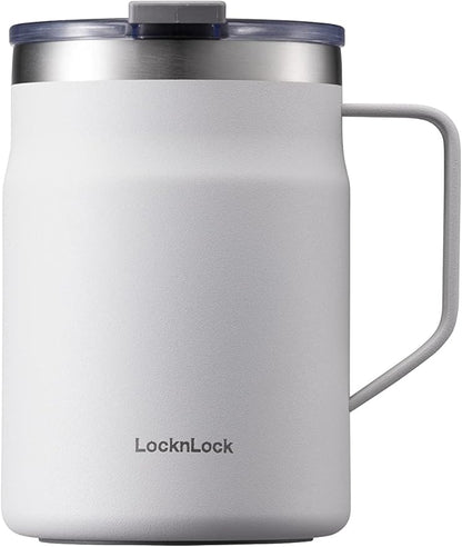LocknLock Metro Mug, Premium 18/8 Stainless Steel Metal, Double Wall Insulated, Portable Coffee Cup with Lid and Handle for Hot and Cold Drinks, Off White, 16 oz