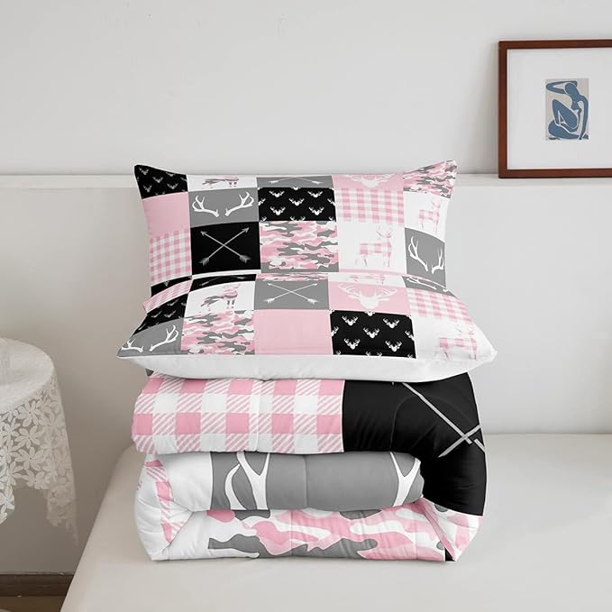 Pink Camo Deer Silhouette Kids Comforter Set King Size,Rustic Farmhouse Animals Hunting Bedding 3pcs for Boys Girls Room Decor,Antlers Boho Arrow Geometric Plaids Patchwork Duvet Insert,2 Pillowcases