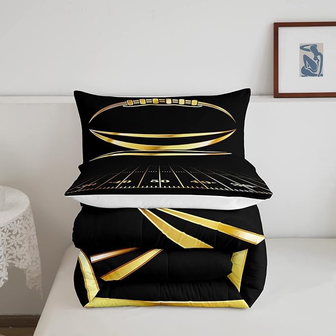 Feelyou Football Bedding Set King Kids Rugby Sports Comforter Set American Football Comforter Set for Boys Golden Black Room Decor Quilt with 2 Pillow Case Boys