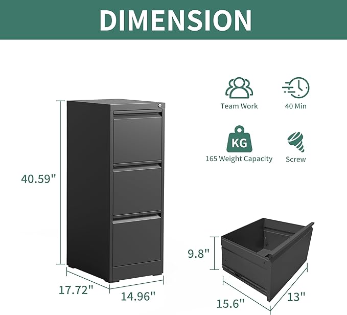 3 Drawer File Cabinet with Lock, Metal Vertical Filing Cabinets for Home Office, Steel Storage Cabinet for Hanging Legal/Letter Size Files, Assembly Required (Black)