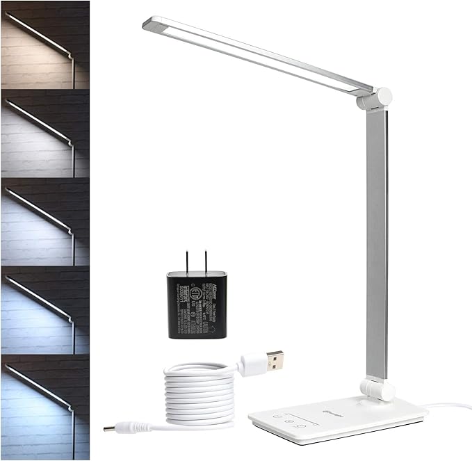 Desk Lamp, Desk Light, Dimmable Table Lamp, 7W, 5 Color Modes, 6 Brightness Levels, Touch Control, Memory Function, LED Foldable Led Lamp for Reading, Working, Office, Study (Silver)