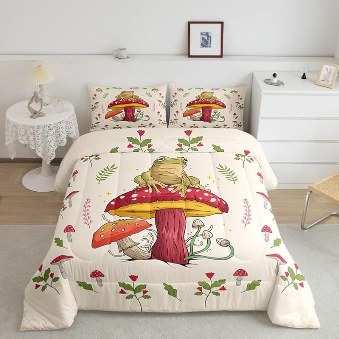 Frog Print Bedding Set Kids Kawaii Decor Comforter Set Frog Mushrooms Comforter Cover Set for Room Decor Botanica Cute Mushroom Decor Beige Red Duvet Set Full Size 3Pcs Quilt Set