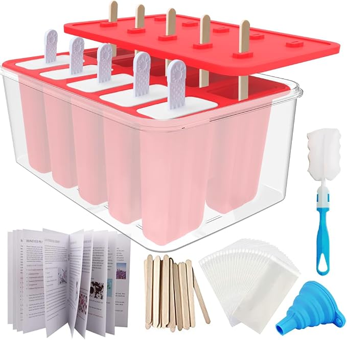 Miaowoof Homemade Popsicle Molds, 10-Cav Non-BPA Silicone Ice Pop Maker, with 50 Sticks, 50 Bags, 10 Reusable Sticks, Funnel, Brush and Ice Pop Recipe (Red+Bin)