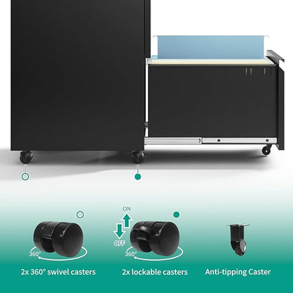 2 Drawer Mobile File Cabinet with Lock,Under Desk Metal Filing Cabinet for Home Office,Metal Small Rolling File Cabinet with 2 Keys for Legal/Letter/A4 Size Fully Assembled Except Wheels (Black)
