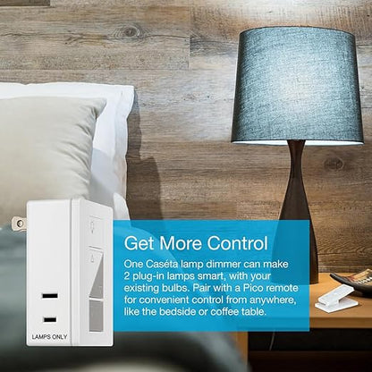 Lutron Caseta Smart Lamp Dimmer Switch (Lutron Smart Hub Required) for Floor and Table Lamps, for Dimmable LED Lights, up to 100 Watt, PD-3PCL-WH, White