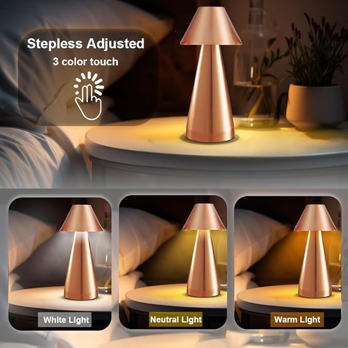 Portable Metal Desk Lamp, Cordless Metal LED Table Lamp,3 Color Touch Control Rechargeable Lamp,3-Levels Brightness Room Decor Desk Lamp,Bedside Lamp,Dining Room Lamp (Rose Gold)