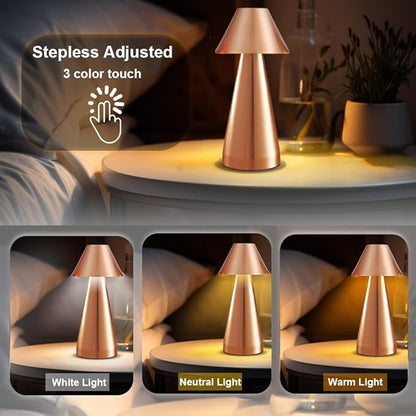 Portable Metal Desk Lamp, Cordless Metal LED Table Lamp,3 Color Touch Control Rechargeable Lamp,3-Levels Brightness Room Decor Desk Lamp,Bedside Lamp,Dining Room Lamp (Rose Gold)