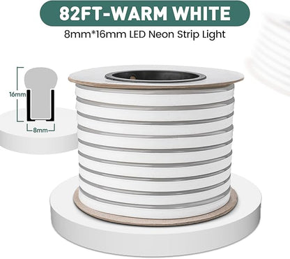 GZBtech Flexible LED Neon Rope Lights 82FT,AC 110-120V Waterproof Strip Light, 120 LEDs/M Cuttable Connectable Neon Lighting for Indoor Outdoor Home Decor/Commercial Building Use-Warm White 25M