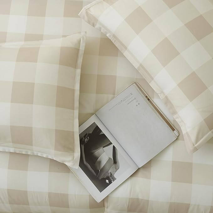 Andency Beige Grid Comforter Set Queen Size (90x90 Inch), 3 Pieces(1 Grid Comforter and 2 Pillowcases), Summer Lightweight Microfiber Down Alternative Beige Comforter