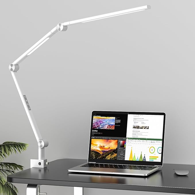 LED Desk Lamp, Desk Light for Home Office, Dual Light Source, Eye-Caring Optical Lens, 5 Color Modes & Brightness, Office Lamp, Clamp Lamp with Timer/Memory Function, 18W Nail Light