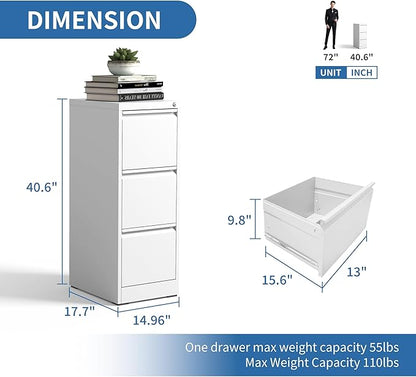 3 Drawer File Cabinet with Lock, Metal Vertical Filing Cabinets for Home Office, Steel Storage Cabinet for Hanging Legal/Letter Size Files, Assembly Required (White)