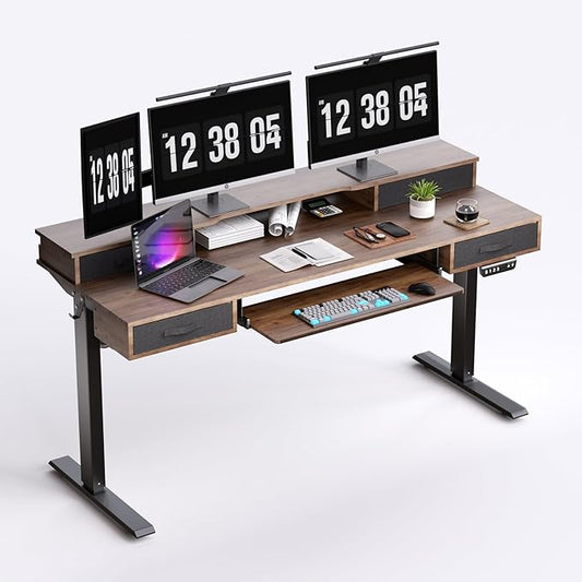 Electric Standing Desk, Multifunctional Standing Desk Adjustable Height, 63 * 24 Standing Desk with 4 Drawers, Ergonomic Adjustable Standing Desk with Keyboard Tray, Rustic Brown