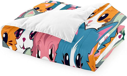 Neon Cats Bedding Set for Girls - Full Size Cartoon Cats Comforter Set for Girls Room Black Cats Pattern Girls Full Size Bedding Set Soft Breathable Cats Comforter with 2 Pillowcases for All-Season