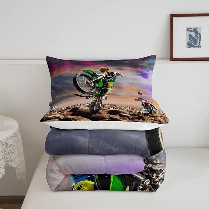 Dirt Bike Comforter Set for Boys Bedroom Motocross Rider Extreme Sports Duvet Insert Mountain Bike Bedding Quilted Set Kids Motorcycle Motorbike Down Comforter,Soft Lightweight for All Season,Full