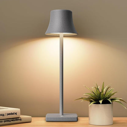 Cordless Table Lamp, Rechargeable Battery 5000mAh Metal Aluminum Housing USB LED Portable Powered Desk Lamp, 2 Levels Brightness Night Light for Restaurants Bedroom Outdoor (ferrous gray)