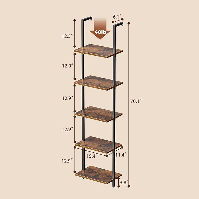 SUPERJARE 5-Tier Bookshelf, Narrow Book Shelf Set of 2, Open Wall-Mounted Ladder Shelf with Metal Frame, Display Bookcase for Home Office, Bedroom, Rustic Brown