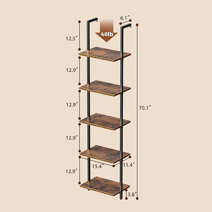 SUPERJARE 5-Tier Bookshelf, Narrow Book Shelf Set of 2, Open Wall-Mounted Ladder Shelf with Metal Frame, Display Bookcase for Home Office, Bedroom, Rustic Brown