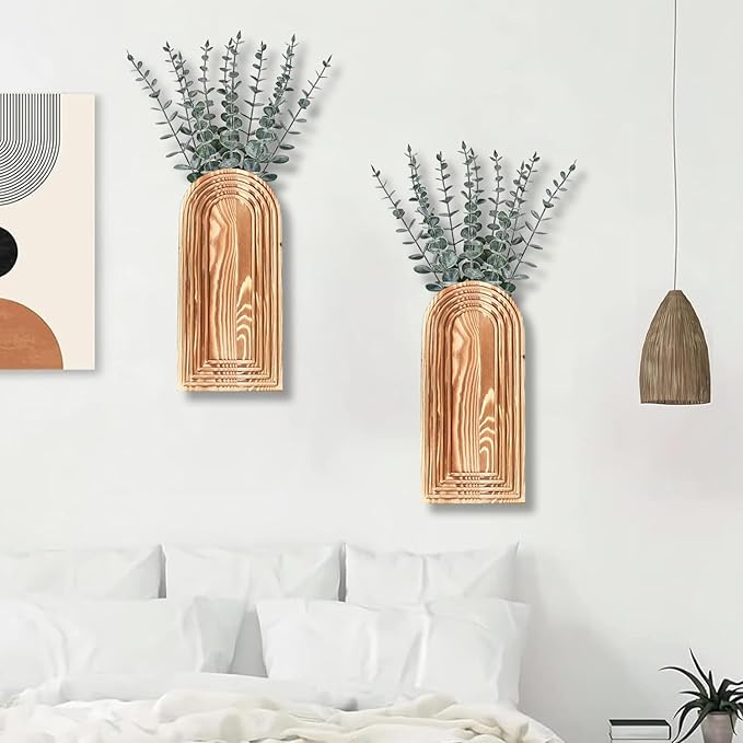 2 Pack Wooden Wall Vase Set - Brown Finish Modern Farmhouse & Boho Wall Decor for Entryway, Hallway, Bathroom, Living Room, Dining Room, Narrow Spaces