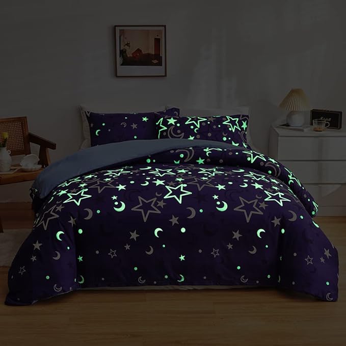 Feelyou Galaxy Glow in The Dark Comforter Set for Girls Kids Full Purple Universe Starry Night Bedding Set Super Soft Outer Space Stars Moon Comforter Girl Bedroom Glow Decor Bedding Quilted Duvet