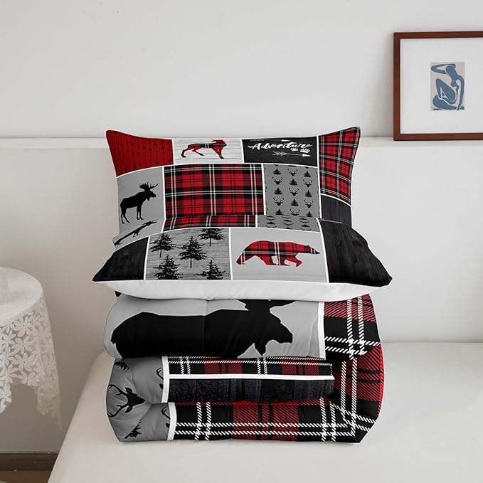 Deer Antlers Bear Kids Comforter Set Twin Size,Plaids Boho Arrows Patchwork Bedding Set for Boys Girls Adults Room Decor,Rustic Adventure Xmas Down Comforter,Red Retro Duvet Insert,1 Pillowcase