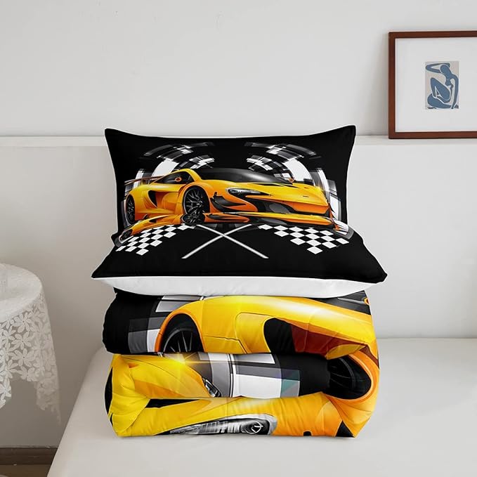 Yellow Race Car Bedding Set Twin Size,Black and White Grid Duvet Insert with 1 Pillowcase,Extreme Sport Games Comforter Set 2pcs for Kids Teens Boys Room Decor, Soft Modern Bed Quilt